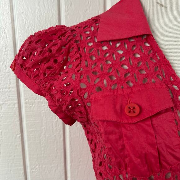 Moda International Women Eyelet Short Sleeve Wrap Top Pink Red Size XS/Small - Picture 3 of 10